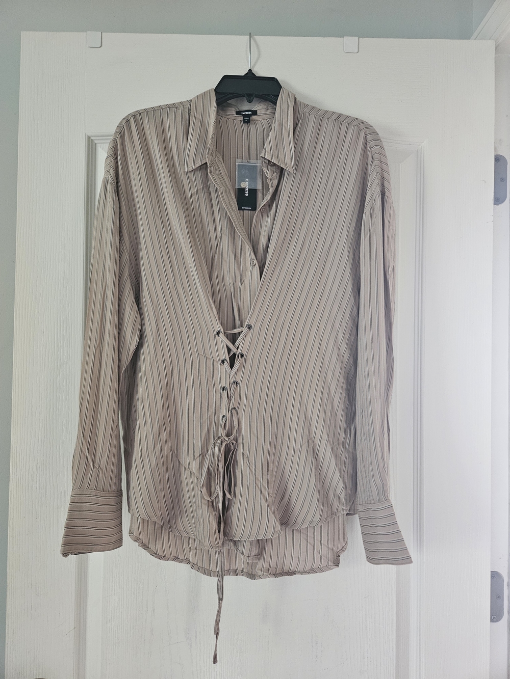 Express Taupe Striped Lace-Up Button Down Shirt